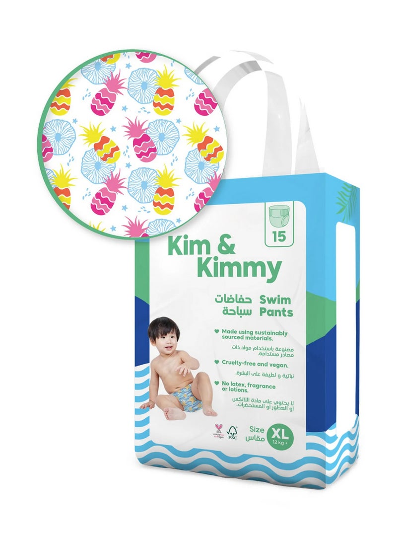 Kim & Kimmy Tropicool Pineapple Swim Diapers, 15 Pieces, Extra Large, 12kg+ - Soft Leg Cuffs, Bubble Waistband, Easy On and Off
