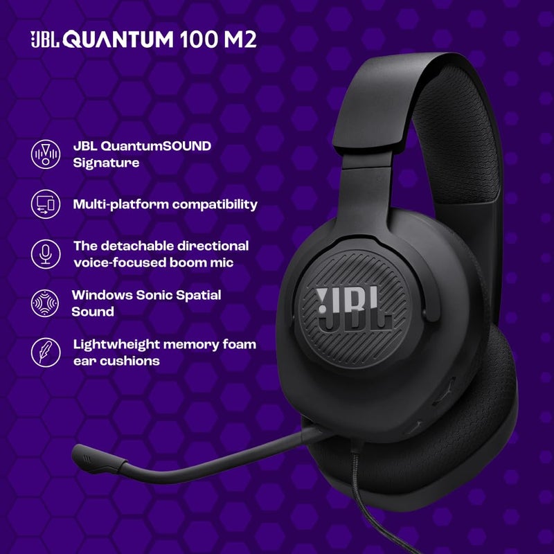 JBL Quantum 100M2 Wired Gaming Headphones, Supports Windows sonic spatial audio, 40mm Realistic Dynamic Drivers, Omnidirectional Detachable Mic, Breathable Memory Foam cushions, PC/Xbox/PS/3.5mm-Black - Image 3