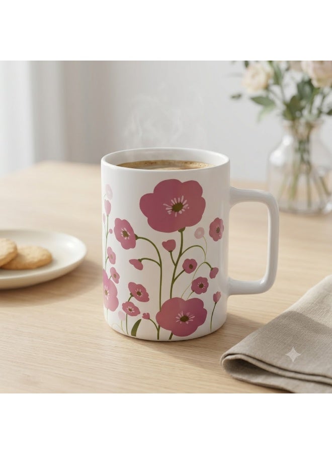 Porcelain Mug with Pink Floral Pattern and Square Handle, Elegant Botanical Coffee and Tea Cup for Hot and Cold Drinks, 1 Piece - Image 3