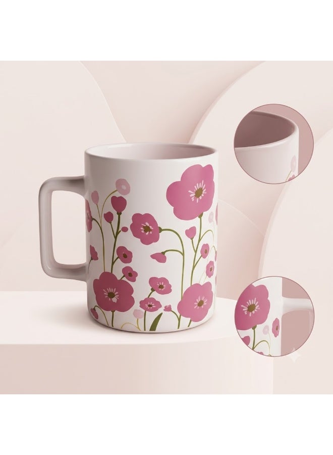 Porcelain Mug with Pink Floral Pattern and Square Handle, Elegant Botanical Coffee and Tea Cup for Hot and Cold Drinks, 1 Piece - Image 2