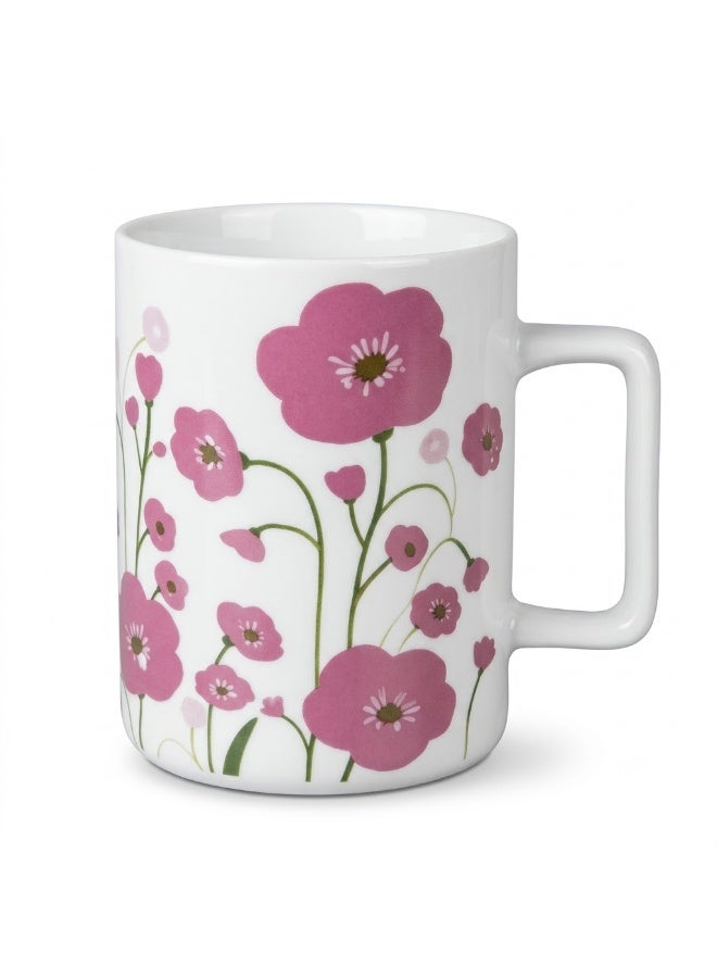 Porcelain Mug with Pink Floral Pattern and Square Handle, Elegant Botanical Coffee and Tea Cup for Hot and Cold Drinks, 1 Piece - Image 1