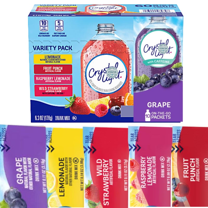 Crystal-Light Variety Pack - 70 Flavored Drink Mix Packets in Lemonade, Fruit Punch, Raspberry, Wild Strawberry, and Grape. Enjoy bold, bursting grape flavor alongside other refreshing, sugar-free options. Perfect for hydration anytime, anywhere. - Image 1