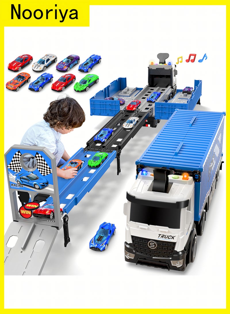 Nooriya Race Car Track Toy Truck Toy with Slots & Foldable Race Tracks Transport Car Carrier Toy for Toddlers Cars Toy Set Container Truck Toy with 8 Alloy Cars Vehicles Toy Set for 3+ Kids Boys Girls  - Image 1