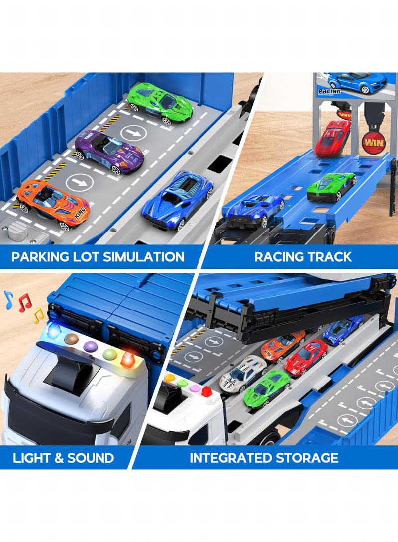 Nooriya Race Car Track Toy Truck Toy with Slots & Foldable Race Tracks Transport Car Carrier Toy for Toddlers Cars Toy Set Container Truck Toy with 8 Alloy Cars Vehicles Toy Set for 3+ Kids Boys Girls  - Image 4