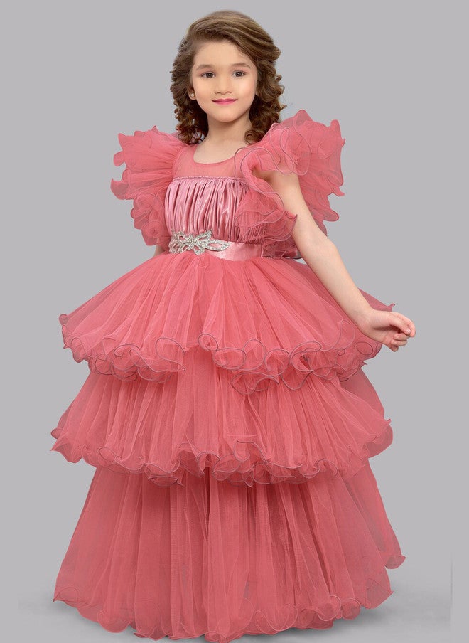 PinkChick Pink Layered Net Maxi Dress for Girls - Image 4