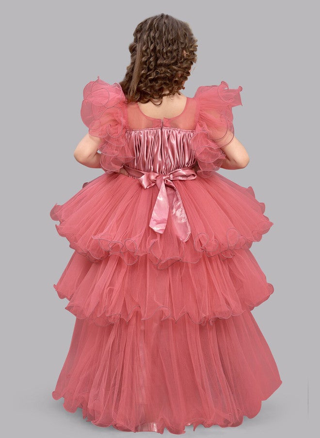 PinkChick Pink Layered Net Maxi Dress for Girls - Image 5