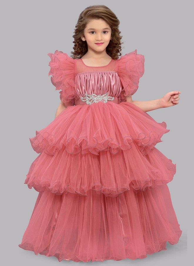 PinkChick Pink Layered Net Maxi Dress for Girls - Image 1