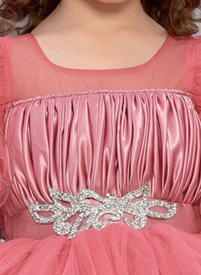 PinkChick Pink Layered Net Maxi Dress for Girls - Image 2