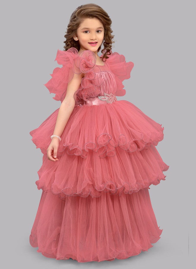 PinkChick Pink Layered Net Maxi Dress for Girls - Image 3