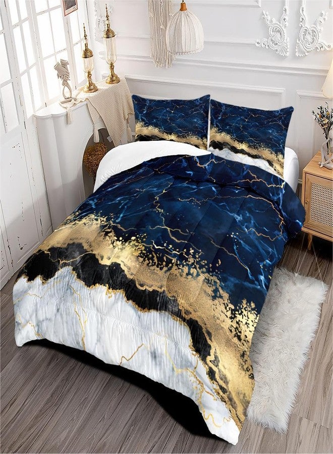 CCoutueChen Marble Comforter Set,Navy Blue Comforter King Size,Marble Bedding Set for Girls Woman,Modern Golden Glittering Decor,3Pcs Soft Summer Comforter for All Season. - Image 2