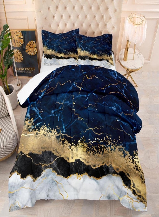 CCoutueChen Marble Comforter Set,Navy Blue Comforter King Size,Marble Bedding Set for Girls Woman,Modern Golden Glittering Decor,3Pcs Soft Summer Comforter for All Season. - Image 1