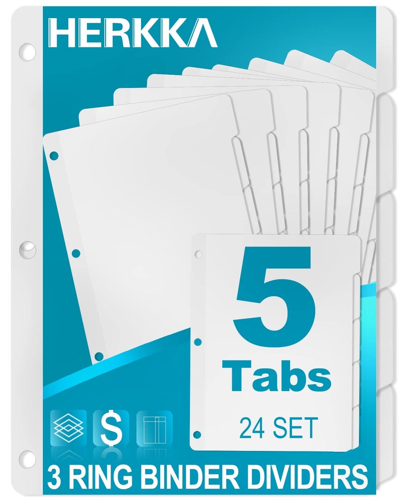 HERKKA 5-Tab Binder Dividers, HERKKA 3 Ring Binder Dividers with Reinforced Edge, 3 Hole Punch Section Index Dividers for Binders, 1/5-Cut Tabs, Letter Size, White, 120 Dividers - Image 1