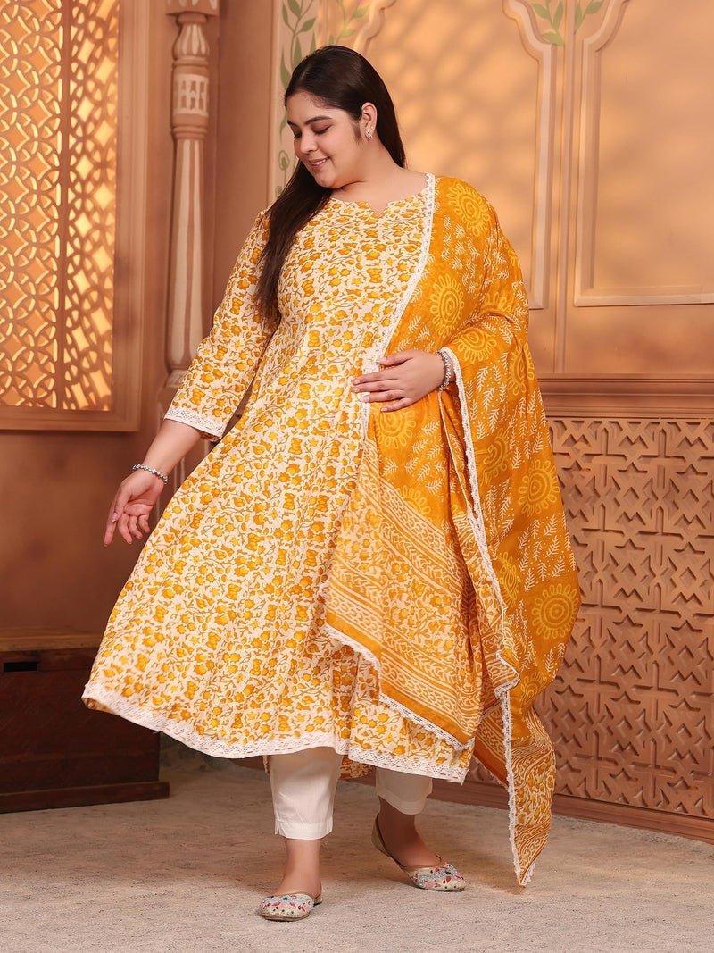 MEERA FAB Women Plus Size Printed Pure Cotton Anarkali Kurta with Palazzos & Dupatta Yellow - Image 3
