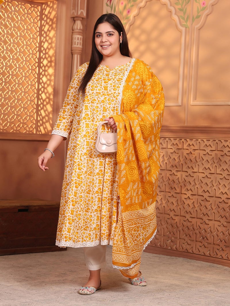 MEERA FAB Women Plus Size Printed Pure Cotton Anarkali Kurta with Palazzos & Dupatta Yellow - Image 2
