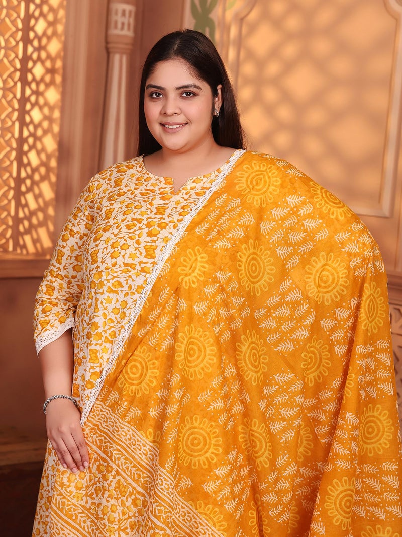 MEERA FAB Women Plus Size Printed Pure Cotton Anarkali Kurta with Palazzos & Dupatta Yellow - Image 5