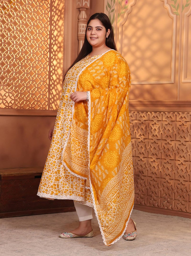 MEERA FAB Women Plus Size Printed Pure Cotton Anarkali Kurta with Palazzos & Dupatta Yellow - Image 4