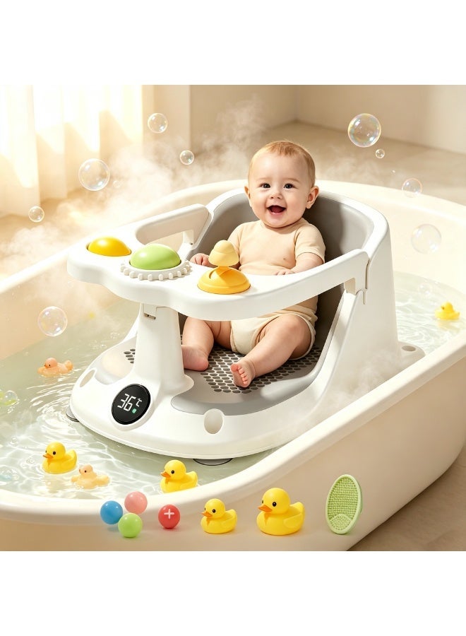 Baby Bath Seat for Babies 6 Months & Up, Infant Bath Chair with Temperature Display, Non-Slip Safety Support Seat, Adjustable Shower Bath Seat with Bath Toys, Baby Bathing Essentials - Image 1