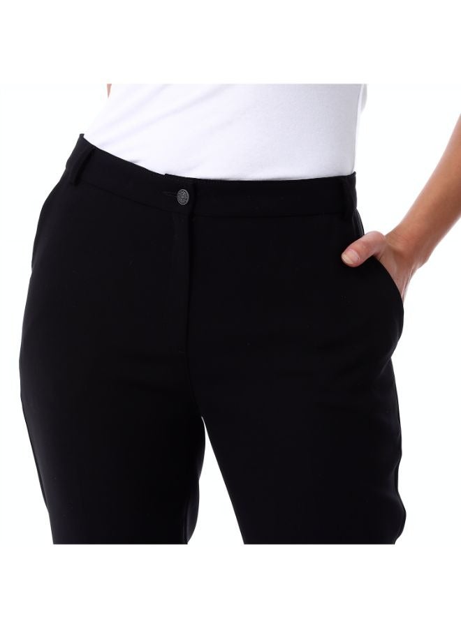 Esla Straight Fit Plain Chic Fly Zipper Button Black Trousers with Pockets - Image 1