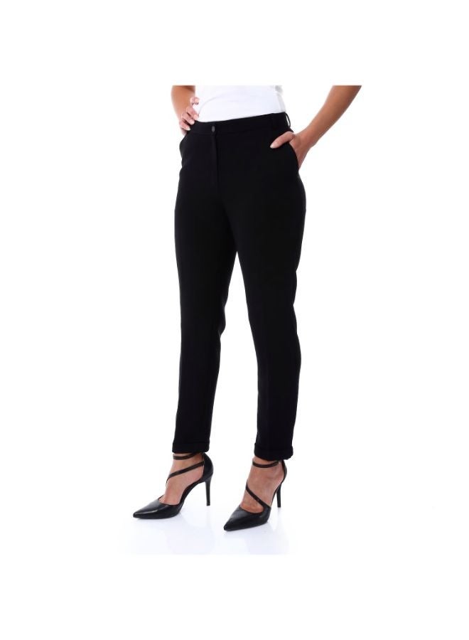 Esla Straight Fit Plain Chic Fly Zipper Button Black Trousers with Pockets - Image 3