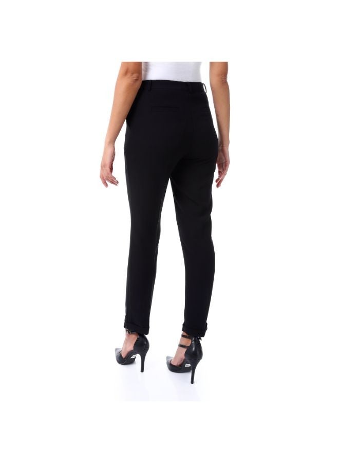 Esla Straight Fit Plain Chic Fly Zipper Button Black Trousers with Pockets - Image 2