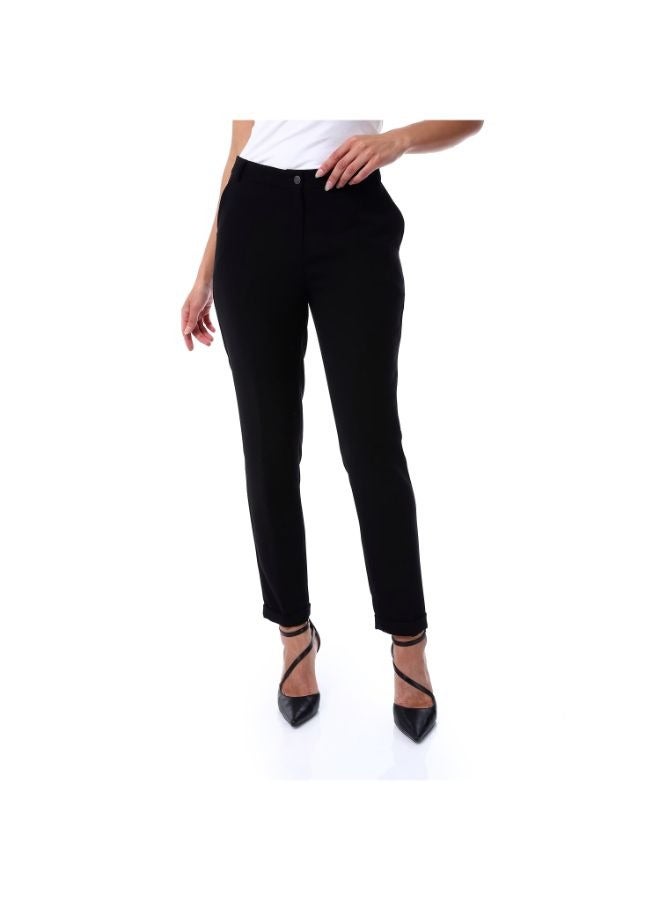 Esla Straight Fit Plain Chic Fly Zipper Button Black Trousers with Pockets - Image 4
