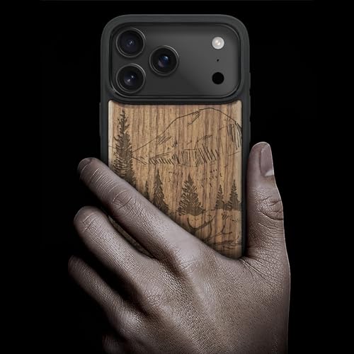 Carveit Magnetic Wooden Case for iPhone 17 Pro Case, Wood Artisan Engraved & Black Soft TPU Shockproof Cover, Compatible with MagSafe Wireless Chargers (Mountains and Deer) Walnut - Image 2