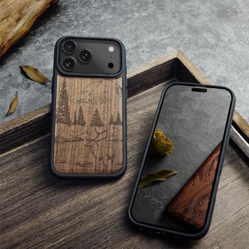 Carveit Magnetic Wooden Case for iPhone 17 Pro Case, Wood Artisan Engraved & Black Soft TPU Shockproof Cover, Compatible with MagSafe Wireless Chargers (Mountains and Deer) Walnut - Image 4