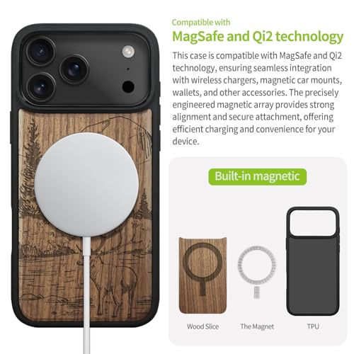 Carveit Magnetic Wooden Case for iPhone 17 Pro Case, Wood Artisan Engraved & Black Soft TPU Shockproof Cover, Compatible with MagSafe Wireless Chargers (Mountains and Deer) Walnut - Image 5