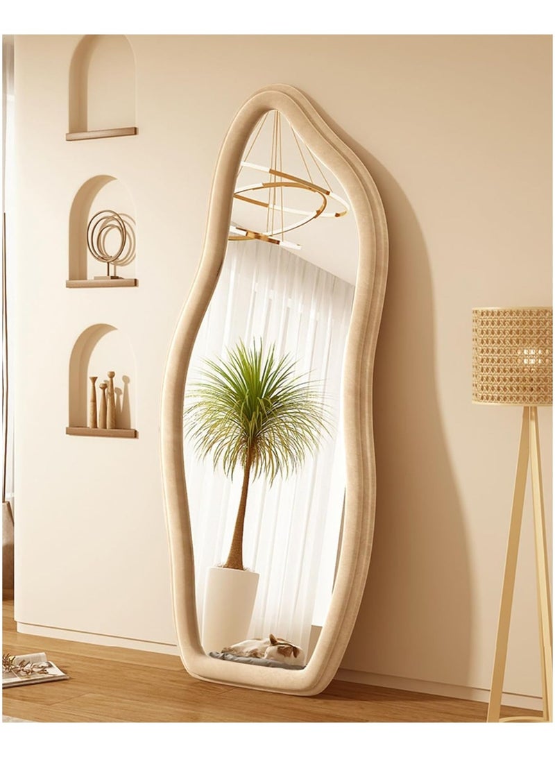 Vparty 60x160cm Full-Length Wavy Arched Floor Mirror with Flannel-Wrapped Wooden Frame, HD Imaging, Explosion-Proof Glass, and Non-Slip Sponge-Filled Back – Modern Arched Design, Durable Full Body Mirror for Leaning or Wall-Mounted Use, Stylish Home Decor and Functional Accent for Bedroom, Living Room, Hallway, and Dressing Room (Beige)  - Image 1