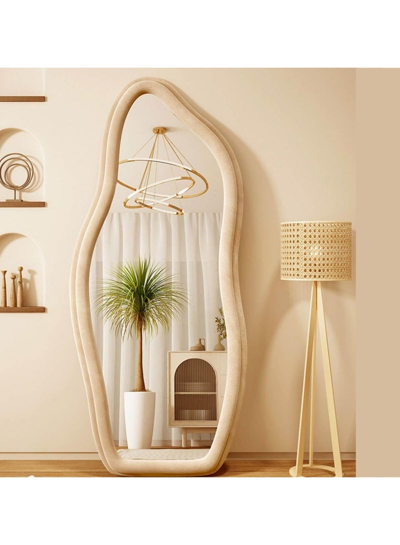 Vparty 60x160cm Full-Length Wavy Arched Floor Mirror with Flannel-Wrapped Wooden Frame, HD Imaging, Explosion-Proof Glass, and Non-Slip Sponge-Filled Back – Modern Arched Design, Durable Full Body Mirror for Leaning or Wall-Mounted Use, Stylish Home Decor and Functional Accent for Bedroom, Living Room, Hallway, and Dressing Room (Beige)  - Image 2