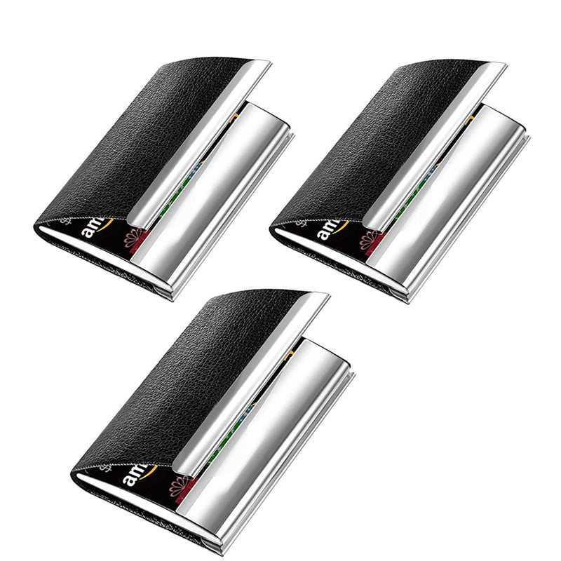 VeleSolv Business Pack of 3 Card Holders, Leather Business Visiting Card Case/Credit Debit ATM Card Holder with Magnetic Shut - Black - Image 5