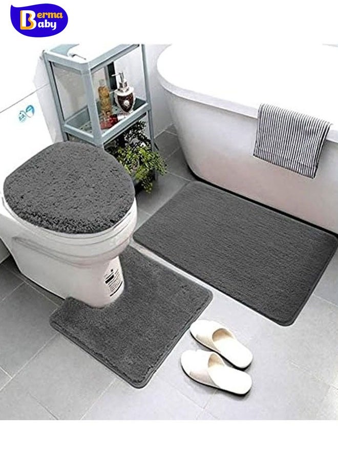 Berma Baby - Bathroom Rugs Set of 3 Piece Plush Bath Contour Mat Toilet Rugs U-Shaped Soft Water Absorbent Runner Rug Non-Slip Bathroom Shower Mat Toilet Seat Cover Area Floor Rug for Tub Grey - Image 1
