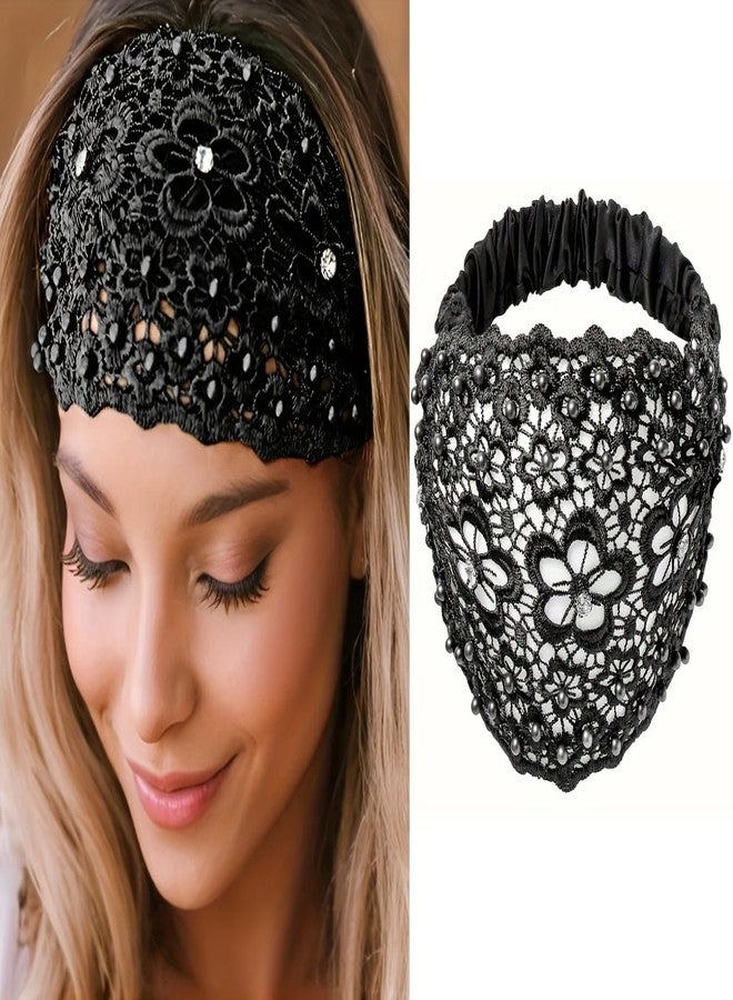 KickZu Lace Headbands for Women, Wide Floral Pearl Lace Elastic Head Bands, Bandanas for Hair, Head Cover for Women, Hair Band for Women Stylish, Beanie Cap for Women, Viral Forehead Hair Band (Black, Pack-1) - Image 1