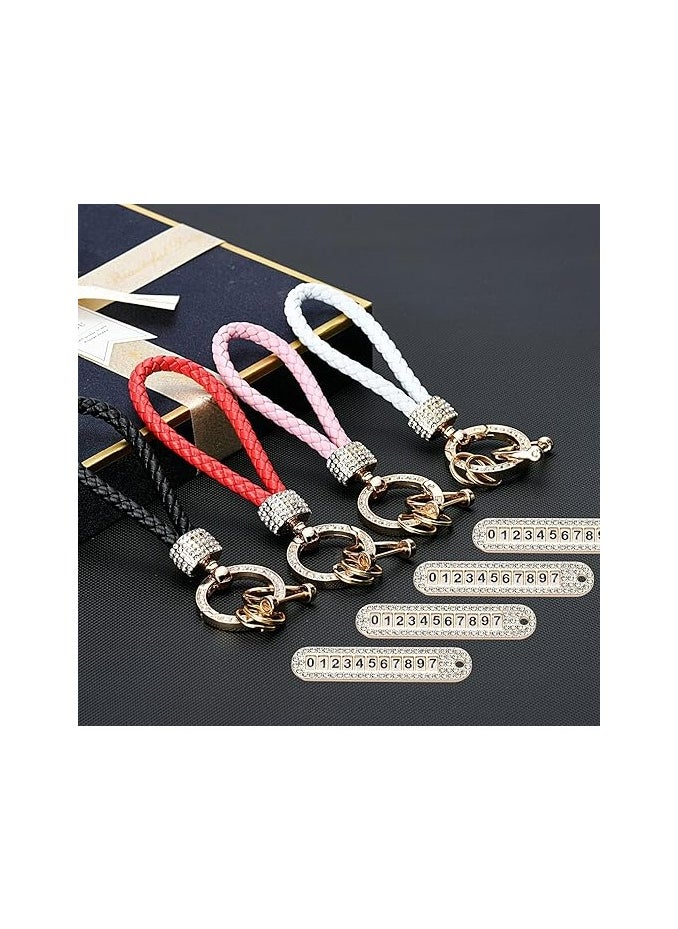 Generic Anti-Lost Keychain with Phone Number Plate | Leather Woven Car Key Chain | Bling Rhinestone Keychain Accessories for Women & Men | Elegant and Durable Key Holder  - Image 4