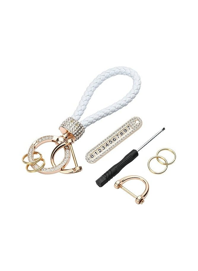 Generic Anti-Lost Keychain with Phone Number Plate | Leather Woven Car Key Chain | Bling Rhinestone Keychain Accessories for Women & Men | Elegant and Durable Key Holder  - Image 1