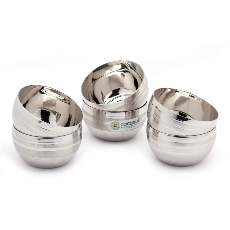 coconut Stainless Steel Apple Ringer Bowls for Home Use | Vati/Katori | 200ml Each | 9.5 cm | Ideal for Serving Dal, Sabzi, Sweets - Set of 6 | Bowls for Dinner - Image 1