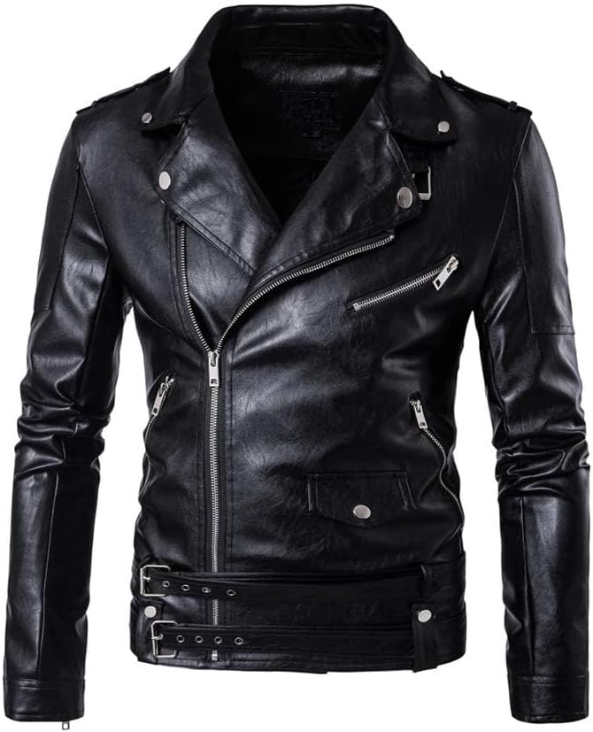 PASOK Men's PU Leather Motorcycle Jacket with Belt, Black - Image 1