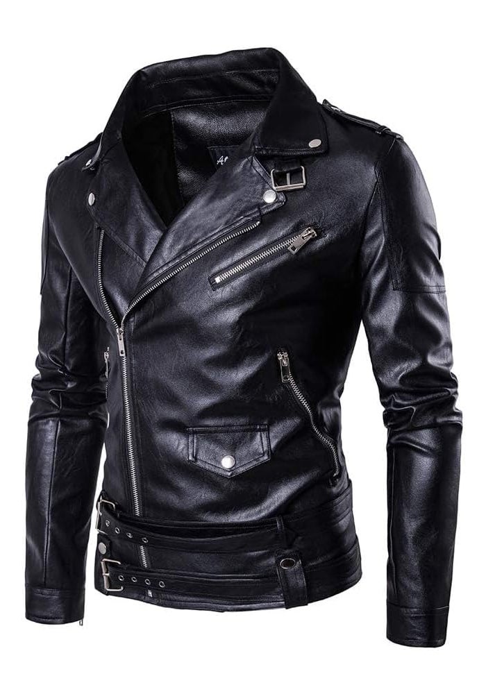 PASOK Men's PU Leather Motorcycle Jacket with Belt, Black - Image 2