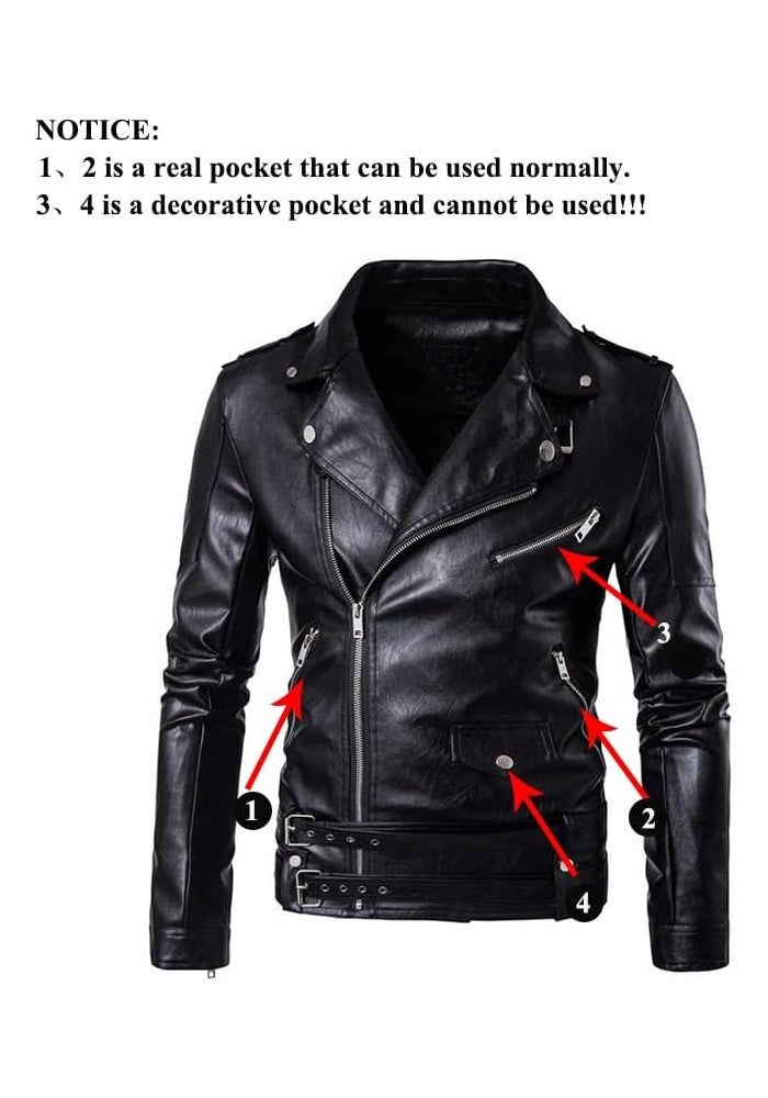 PASOK Men's PU Leather Motorcycle Jacket with Belt, Black - Image 5