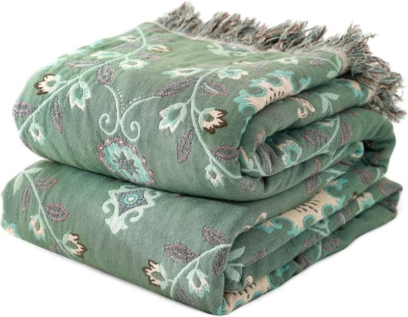 LUTBM Boho Throw Blanket for Bed 100% Cotton Ultra Soft Rustic Quilt Fall Blanket Floral Printed Farmhouse Decor Bed Blankets,90"×98" All Season Rustic Throw for Sofa Couch Chair - Image 1