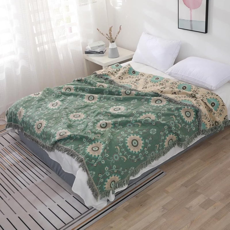LUTBM Boho Throw Blanket for Bed 100% Cotton Ultra Soft Rustic Quilt Fall Blanket Floral Printed Farmhouse Decor Bed Blankets,90"×98" All Season Rustic Throw for Sofa Couch Chair - Image 3