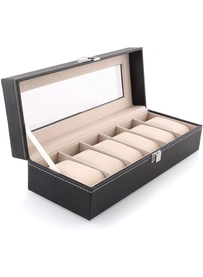 Decorhills Watch Box Organizer PU Leather 6 Slots – Black Wrist Watch Display Case with Glass Lid, Metal Lock & Soft Cushions, Elegant Jewelry Storage Holder for Men & Women Watches - Image 1