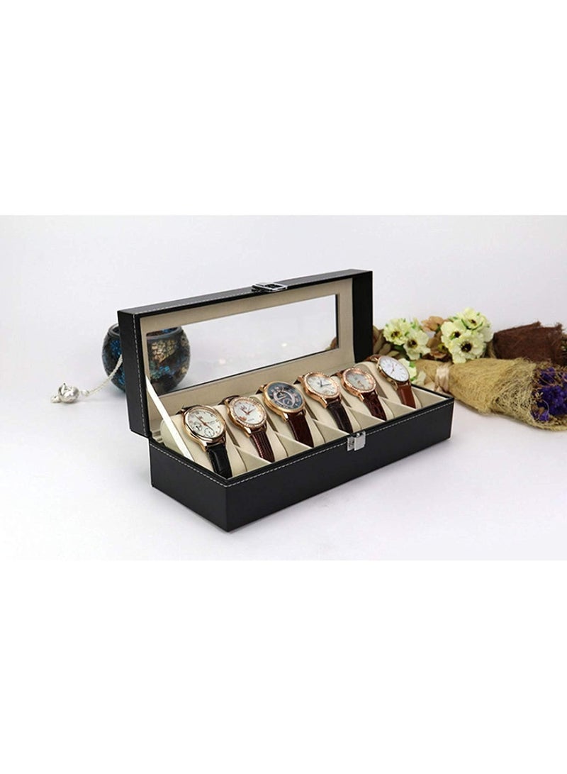 Decorhills Watch Box Organizer PU Leather 6 Slots – Black Wrist Watch Display Case with Glass Lid, Metal Lock & Soft Cushions, Elegant Jewelry Storage Holder for Men & Women Watches - Image 2