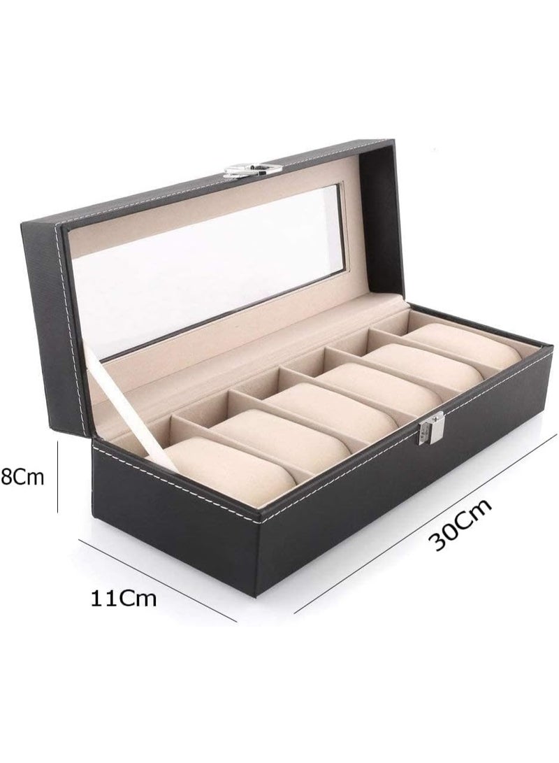 Decorhills Watch Box Organizer PU Leather 6 Slots – Black Wrist Watch Display Case with Glass Lid, Metal Lock & Soft Cushions, Elegant Jewelry Storage Holder for Men & Women Watches - Image 3