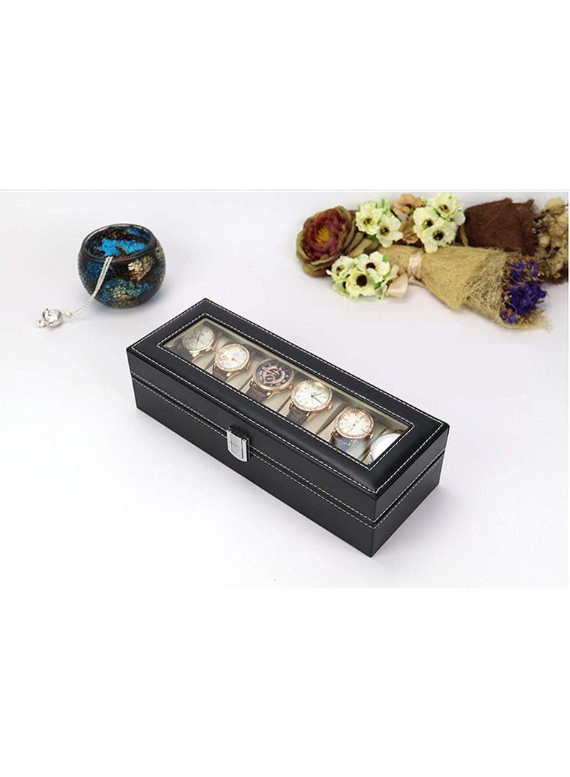 Decorhills Watch Box Organizer PU Leather 6 Slots – Black Wrist Watch Display Case with Glass Lid, Metal Lock & Soft Cushions, Elegant Jewelry Storage Holder for Men & Women Watches - Image 4