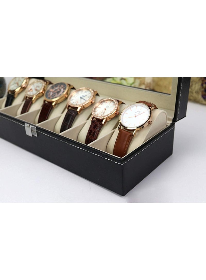 Decorhills Watch Box Organizer PU Leather 6 Slots – Black Wrist Watch Display Case with Glass Lid, Metal Lock & Soft Cushions, Elegant Jewelry Storage Holder for Men & Women Watches - Image 5
