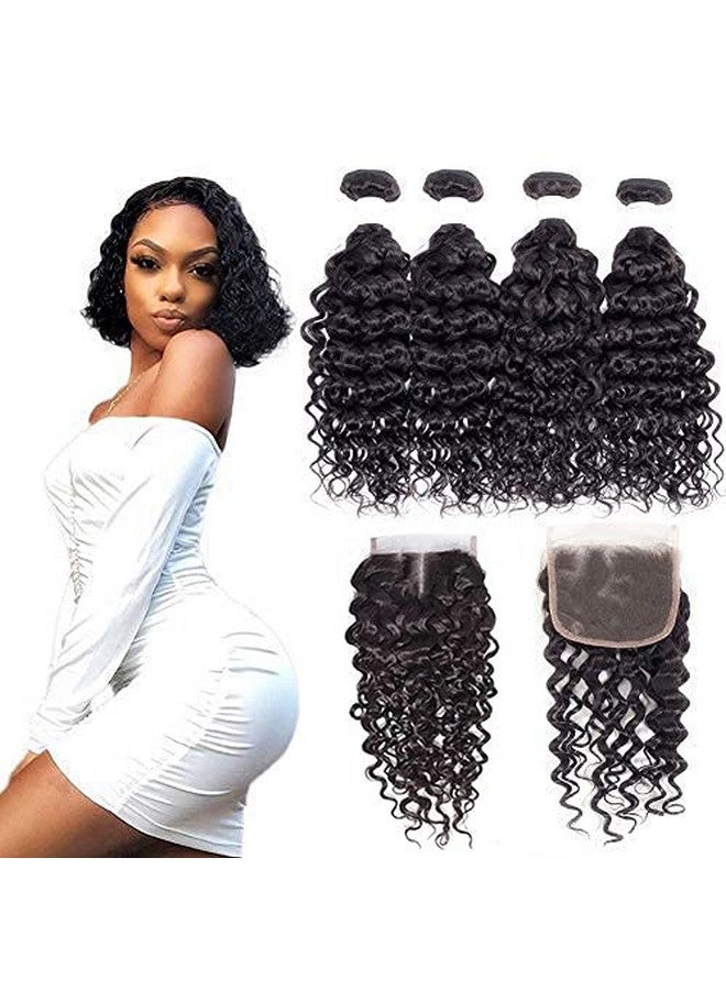 Risbaer Foruiya Water Wave 4Bundles(50G/Bundle) With Middle Part Closure Weave Hair Human Bundles With T Lace Closure Brazilian Wet And Wavy Bundles With Closure (12/12/12/12+12" Closure) - Image 1