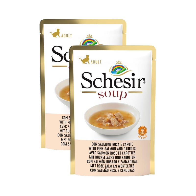 Schesir حساء سمك السلمون الوردي والجزر للقطط - طعام رطب فاخر في كيس | طبيعي، عالي البروتين، غني بالأوميغا، حساء لذيذ للقطط البالغة - يدعم صحة الجلد والهضم، 85 جرام (عبوة من 2) - Image 1