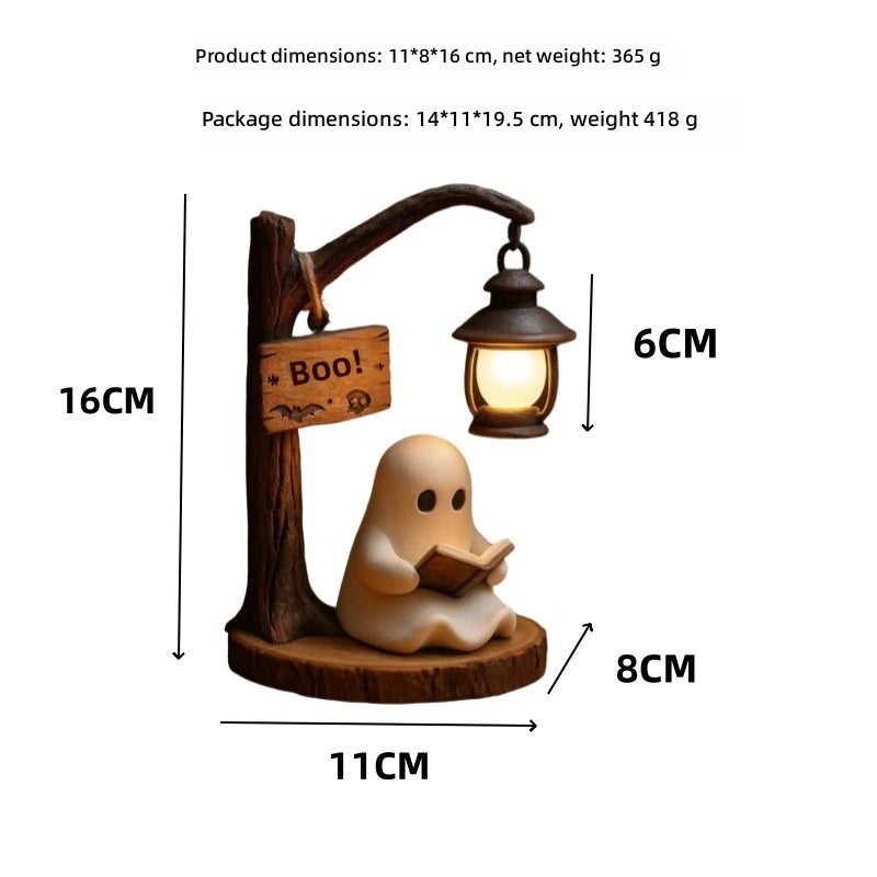 Halloween Resin Cartoon Figurines with Ghost Reading Light, Witch and Character Designs