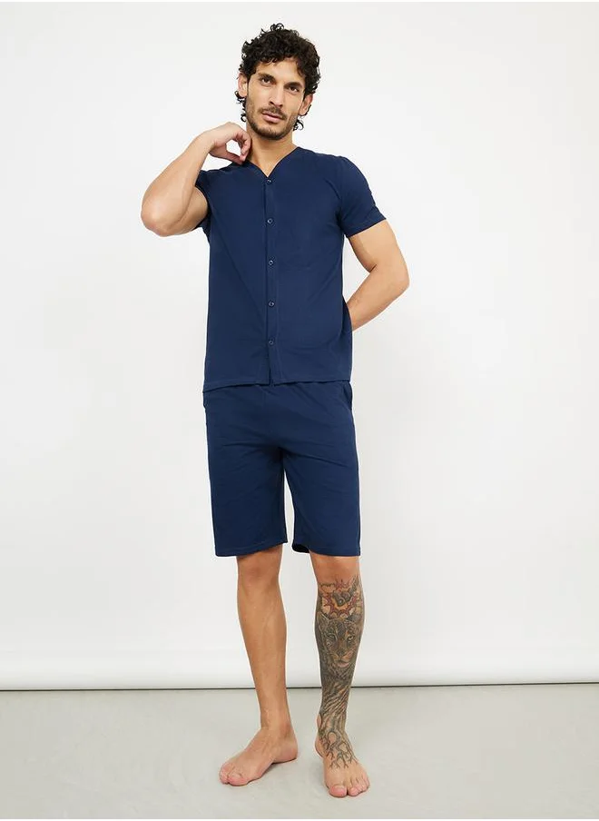 ستايلي Solid Knit Shirt & Shorts Nightwear Set